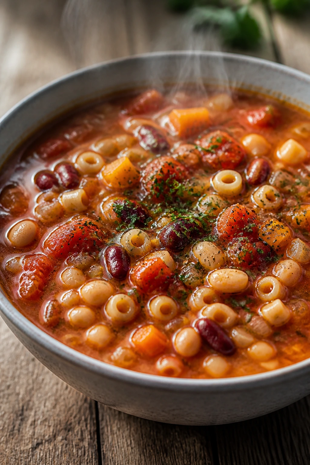 Deep bowl of Pasta e Fagioli soup with beans and pasta