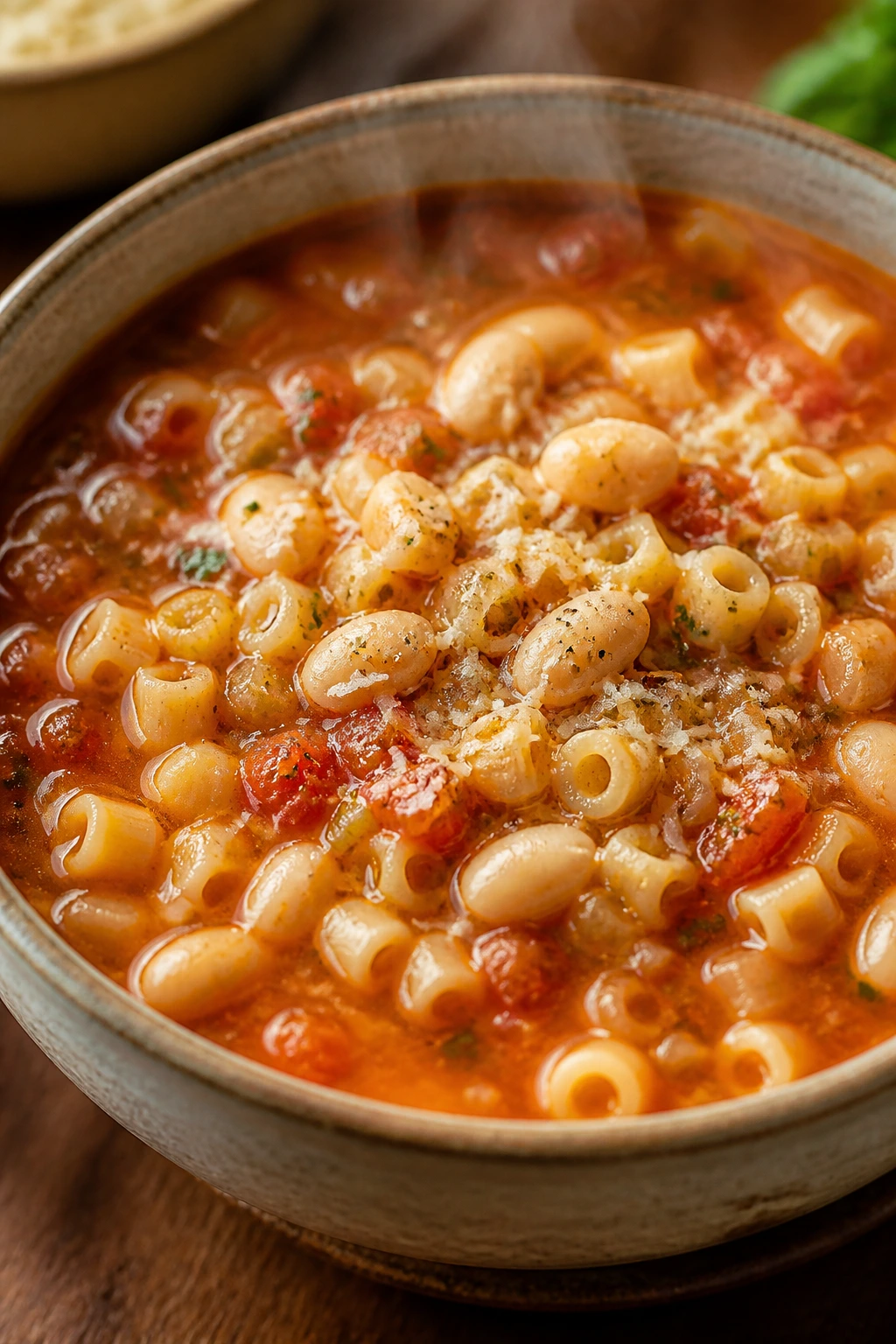 Close-up of a Pasta e Fagioli bowl with beans and pasta