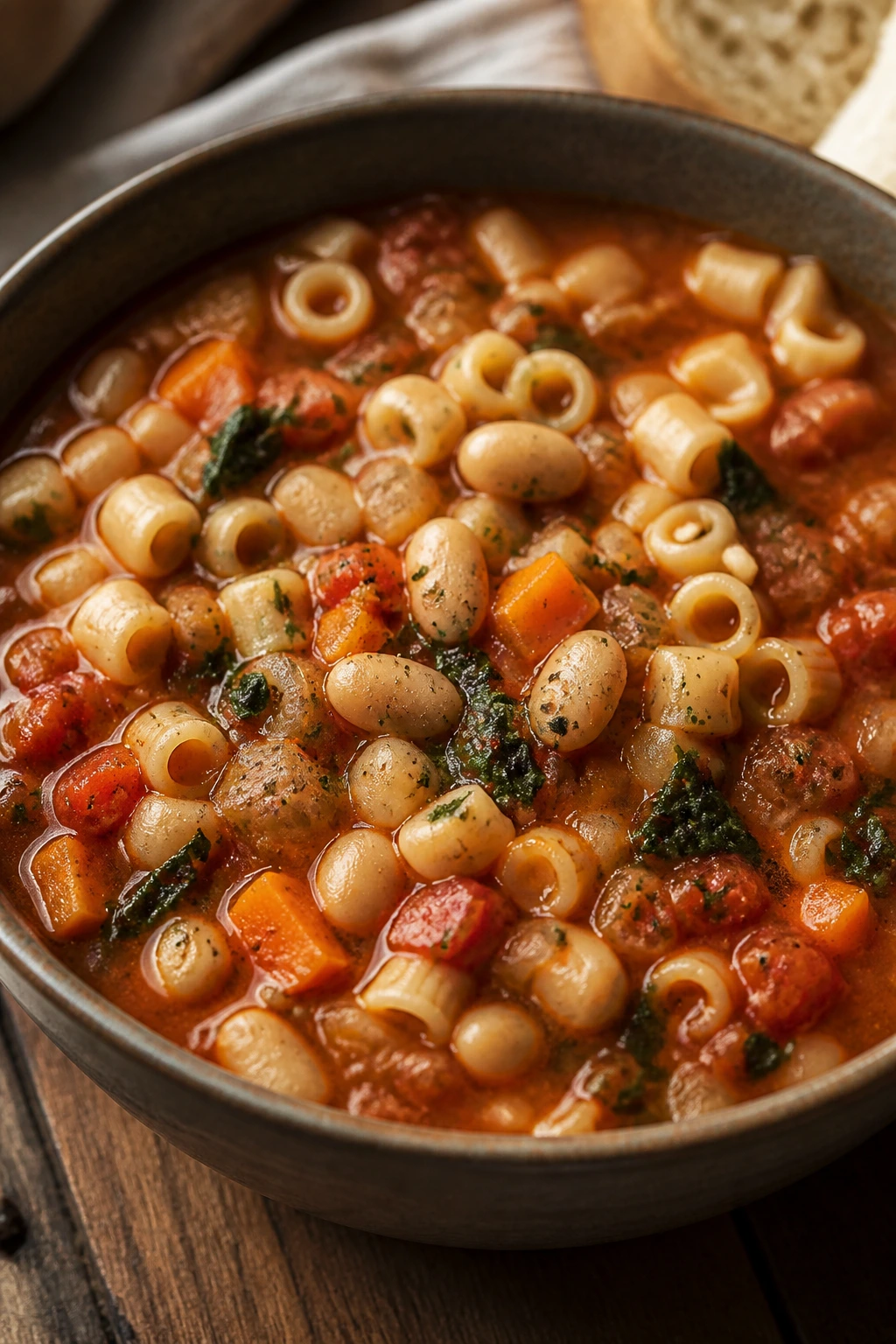 Hearty pasta e fagioli soup with beans in a rustic setting.