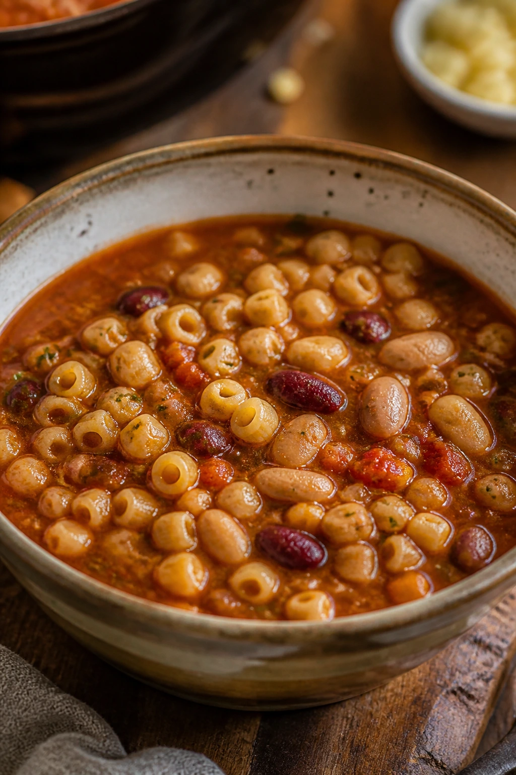 Hearty Pasta e Fagioli soup in rustic bowl