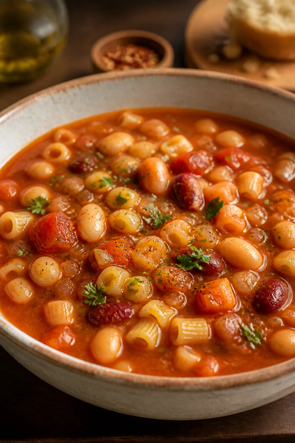 Steam rising from pasta e fagioli in a bowl with beans and pasta in tomato broth.