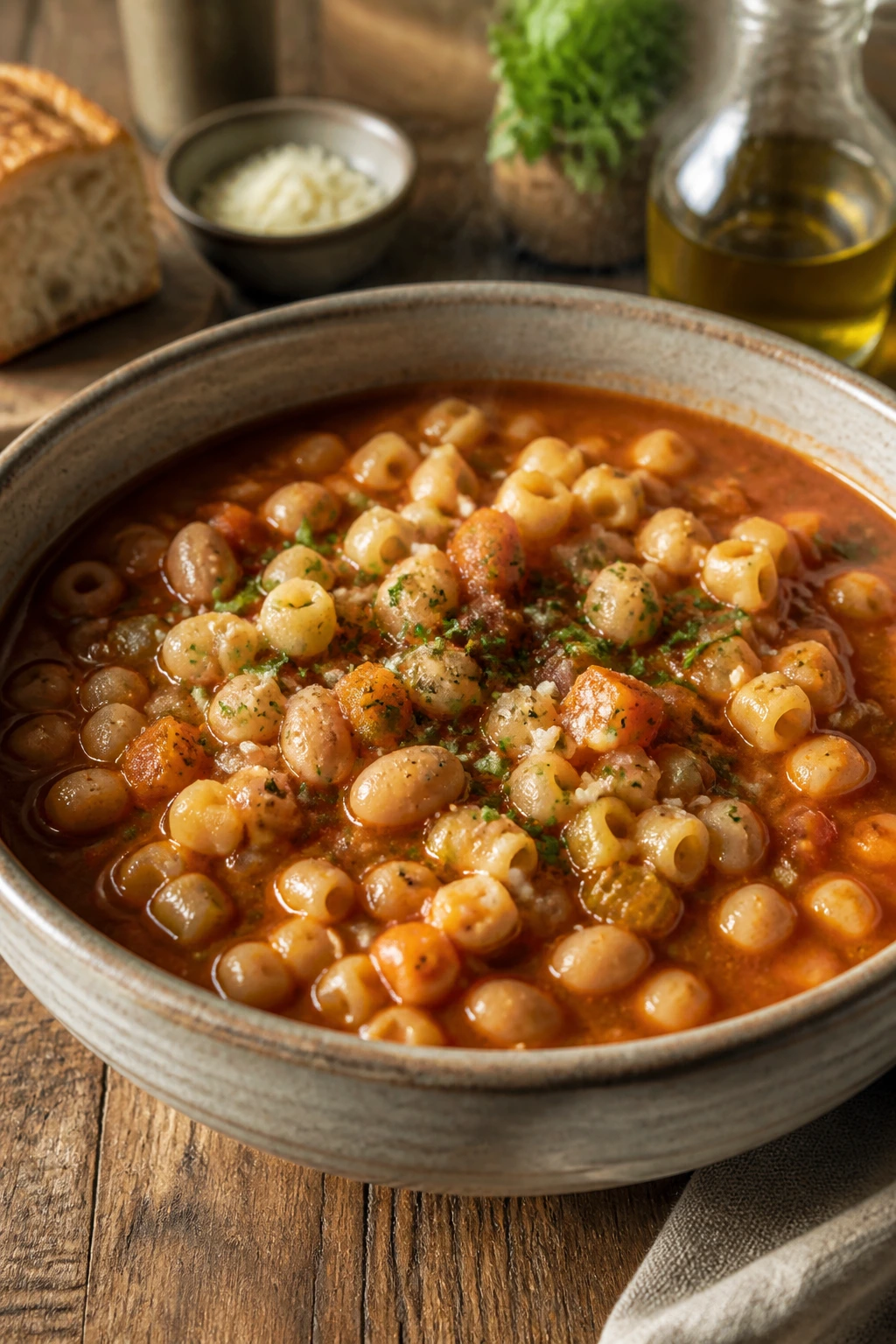 Close-up of Pasta e Fagioli soup in rustic bowl on kitchen table
