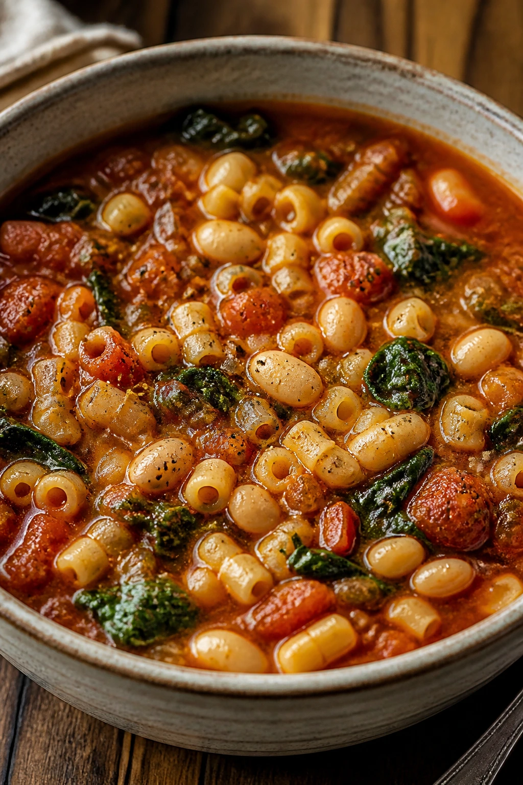 Close-up of pasta e fagioli with greens in tomato broth