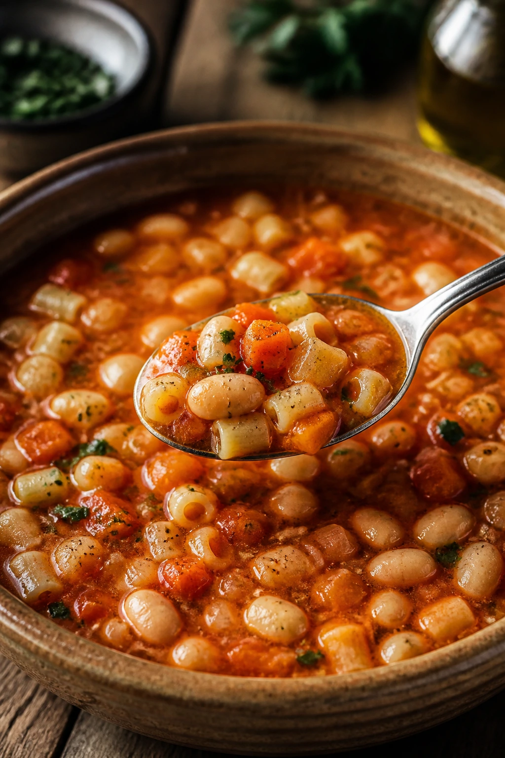 Close-up of Pasta e Fagioli soup in a rustic kitchen