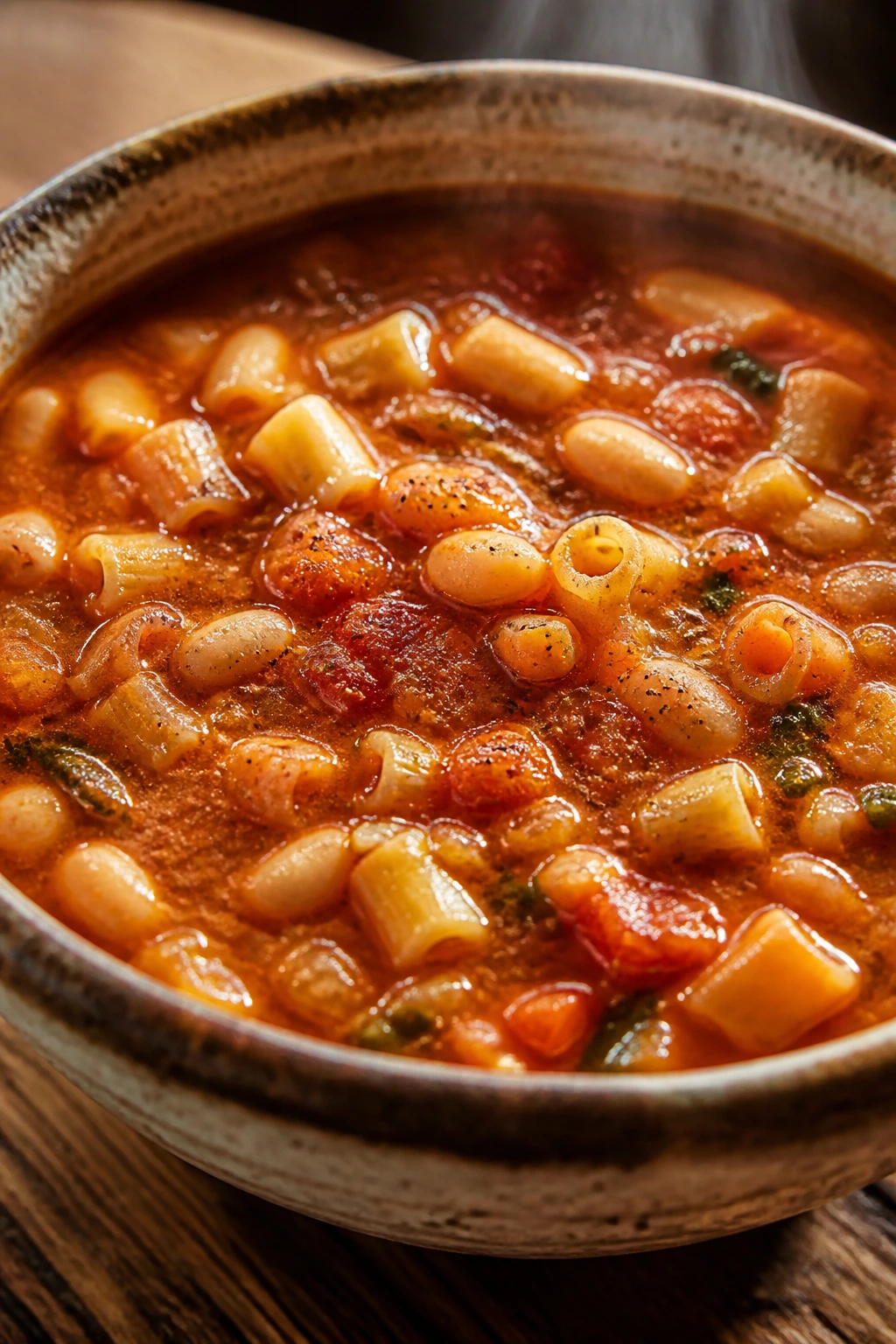 Thick pasta e fagioli soup in a rustic bowl