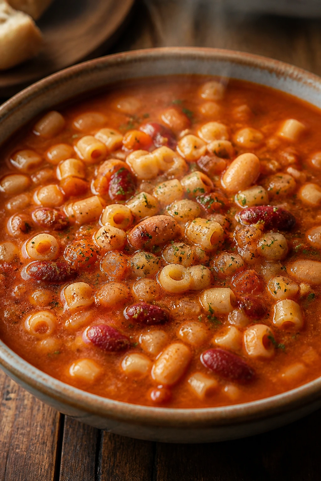 Rustic Bowl of Pasta e Fagioli steaming in a kitchen
