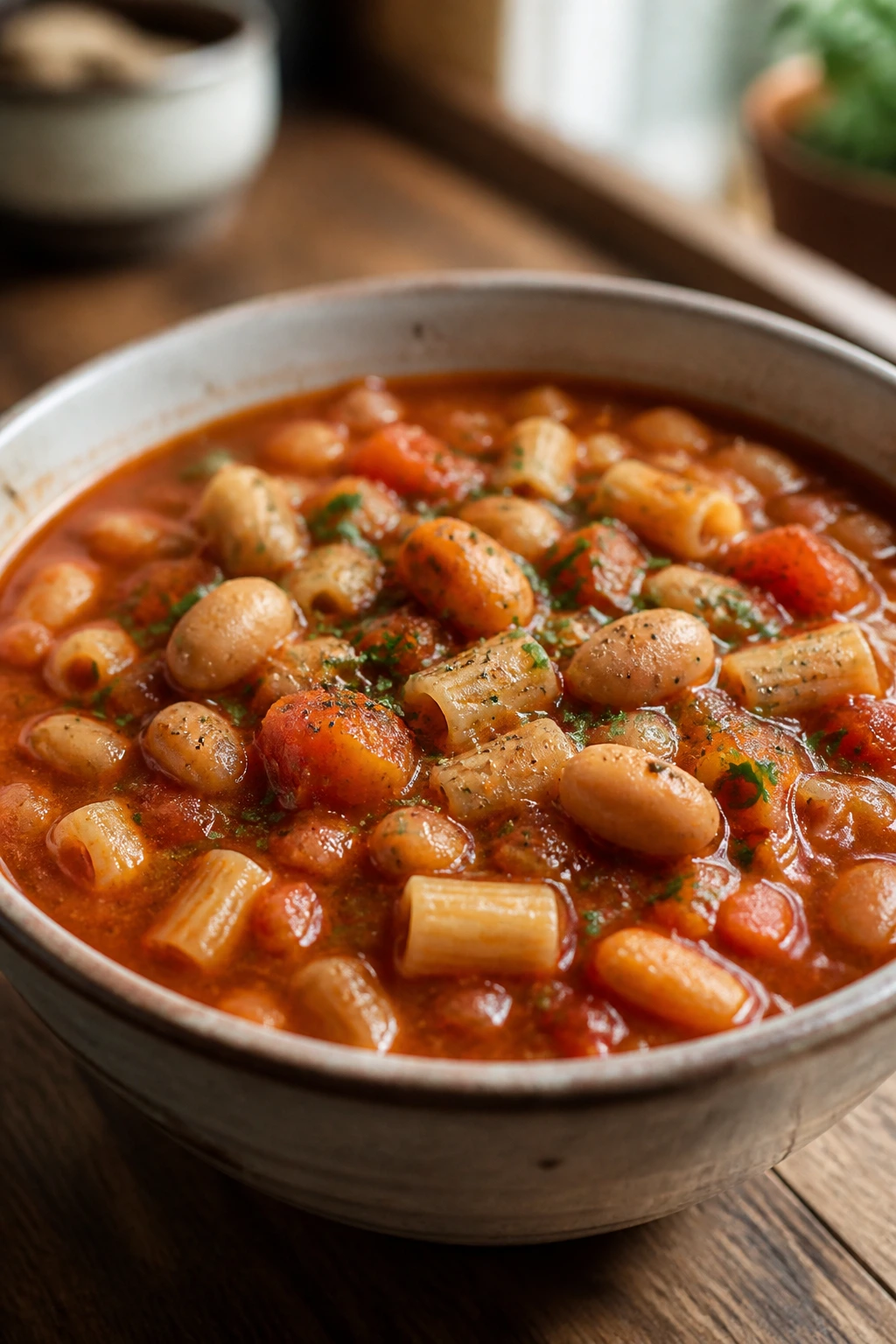 Steaming pasta fagioli soup with cannellini beans in a bowl.