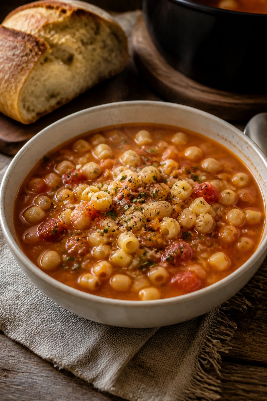 Close-up of Pasta e Fagioli soup with beans and pasta in rustic setting