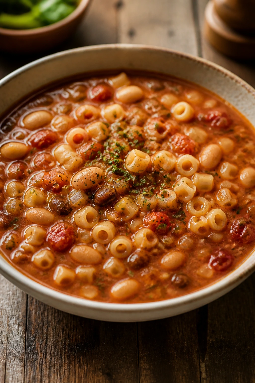 Pasta e fagioli soup in a deep bowl on a rustic table
