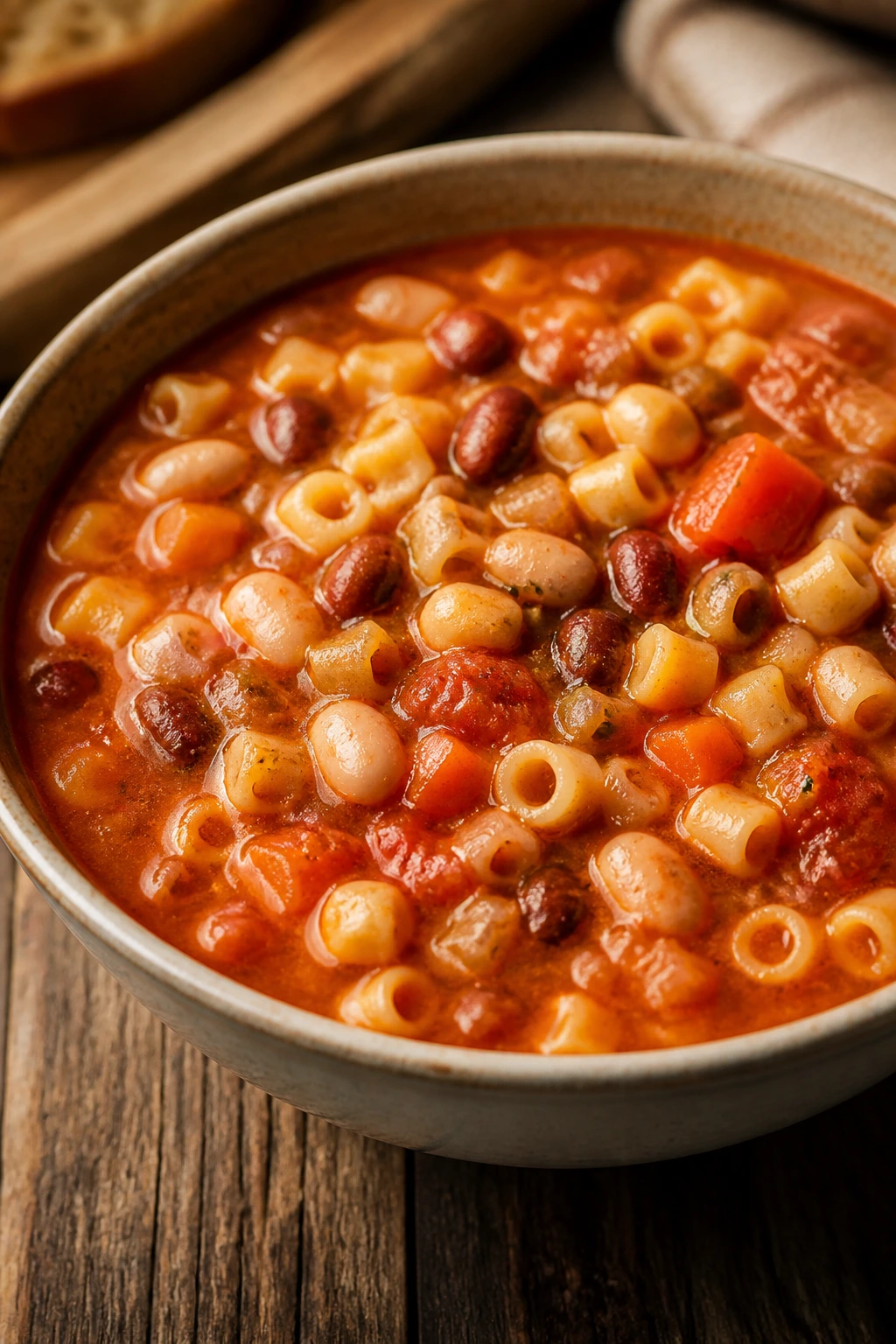 Bean and pasta soup in a bowl with visible vegetables