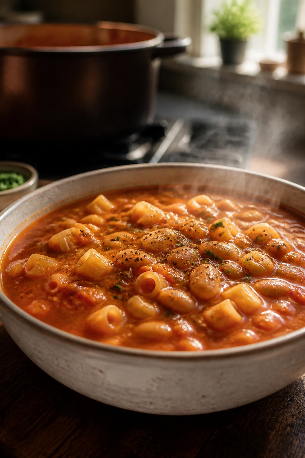 Close-up of Pasta e Fagioli soup with cannellini beans and small pasta in tomato broth, served warm in a rustic kitchen