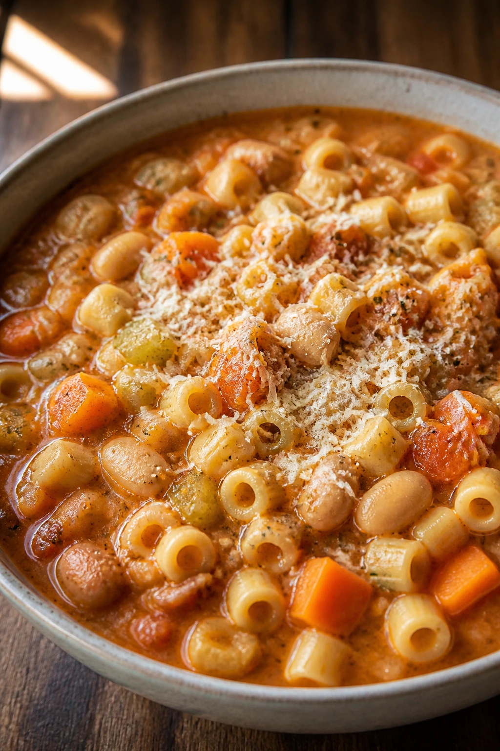 Close-up of hearty pasta e fagioli soup in a bowl on a rustic wooden table