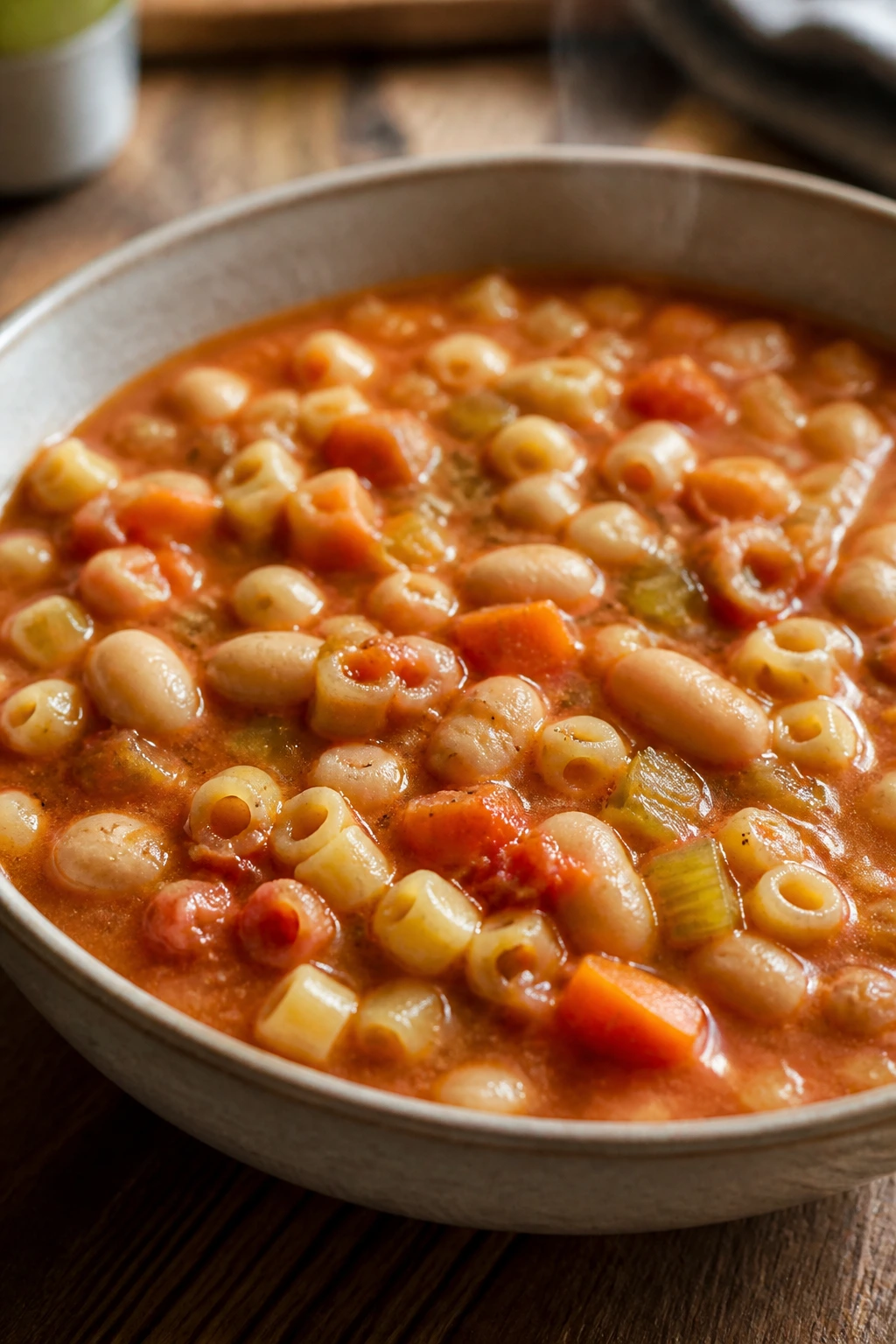 Close-up bowl of pasta e fagioli soup with beans and tomatoes