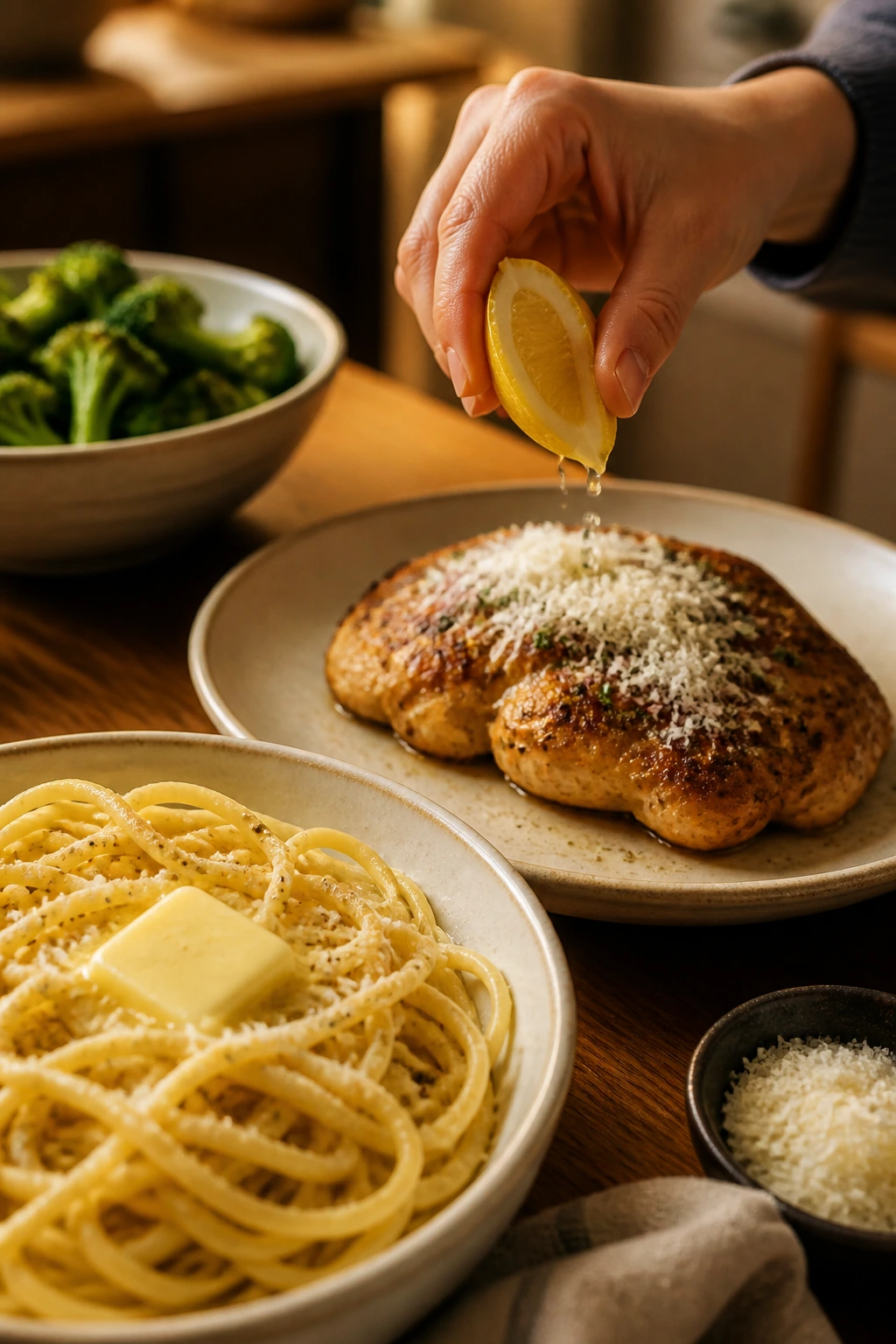 Finished pasta dish with butter, lemon, and parmesan finishing touches