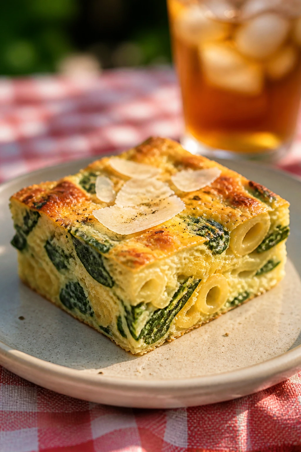 Close-up of a pasta frittata square on a rustic plate