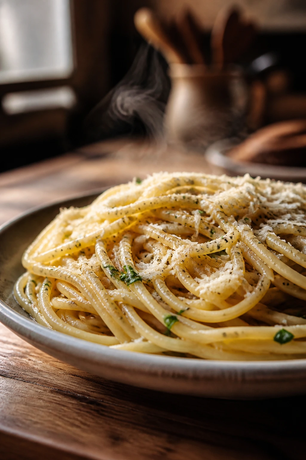 Close-up of garlic butter spaghetti with Parmesan on a rustic plate in a cozy kitchen