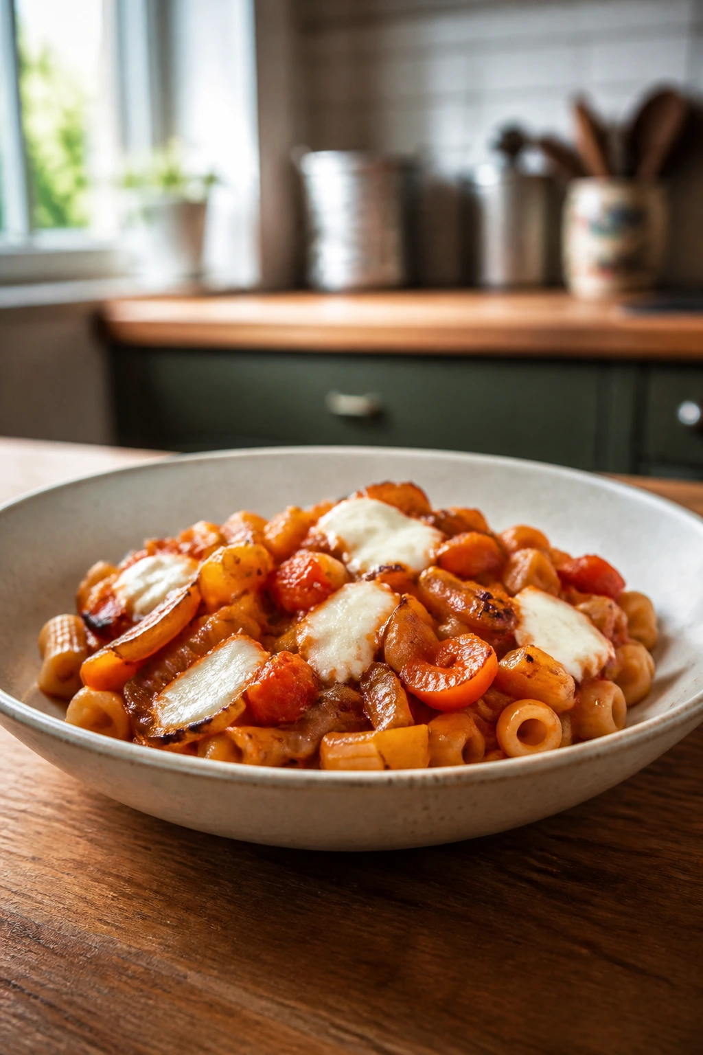 Close-up of kid-friendly pasta plated in a shallow bowl with caramelized onions and mozzarella