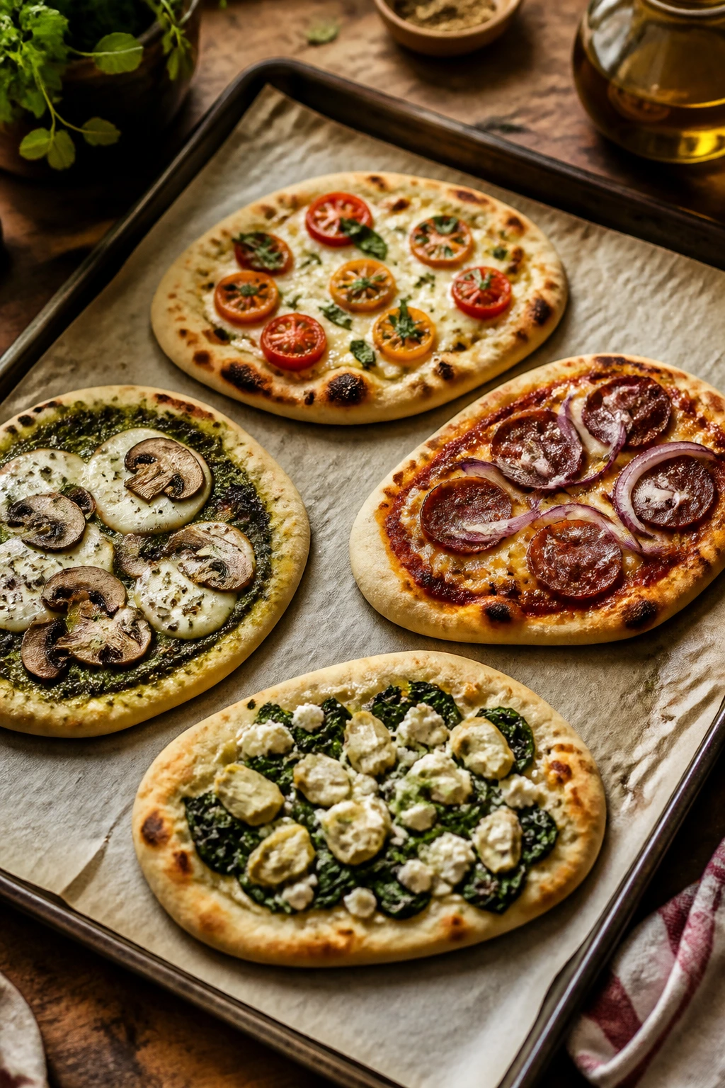 Rustic kitchen with four naan-based mini pizzas on a sheet pan.