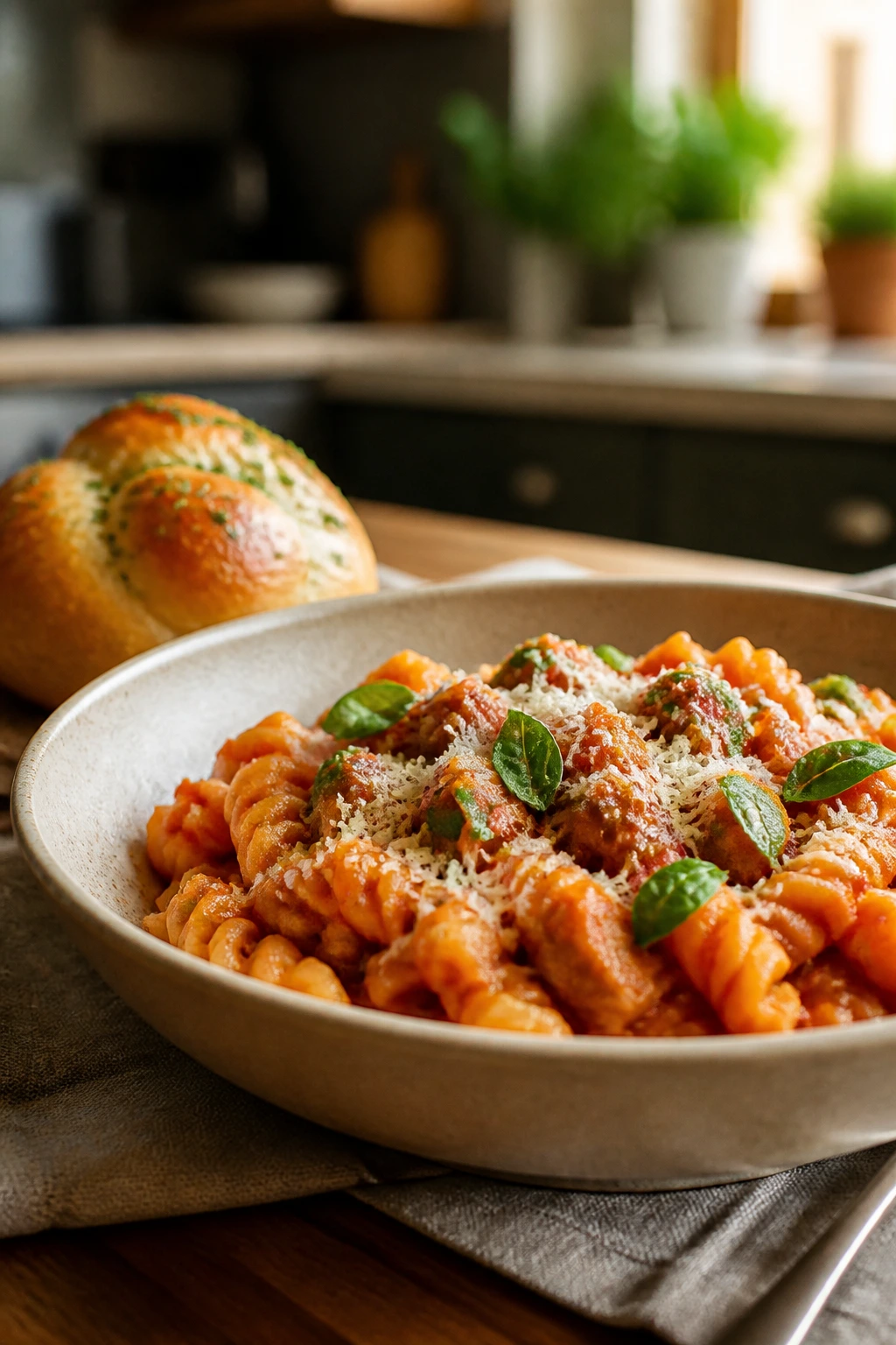 Creamy pasta served in a shallow bowl with parmesan and basil, and warm bread