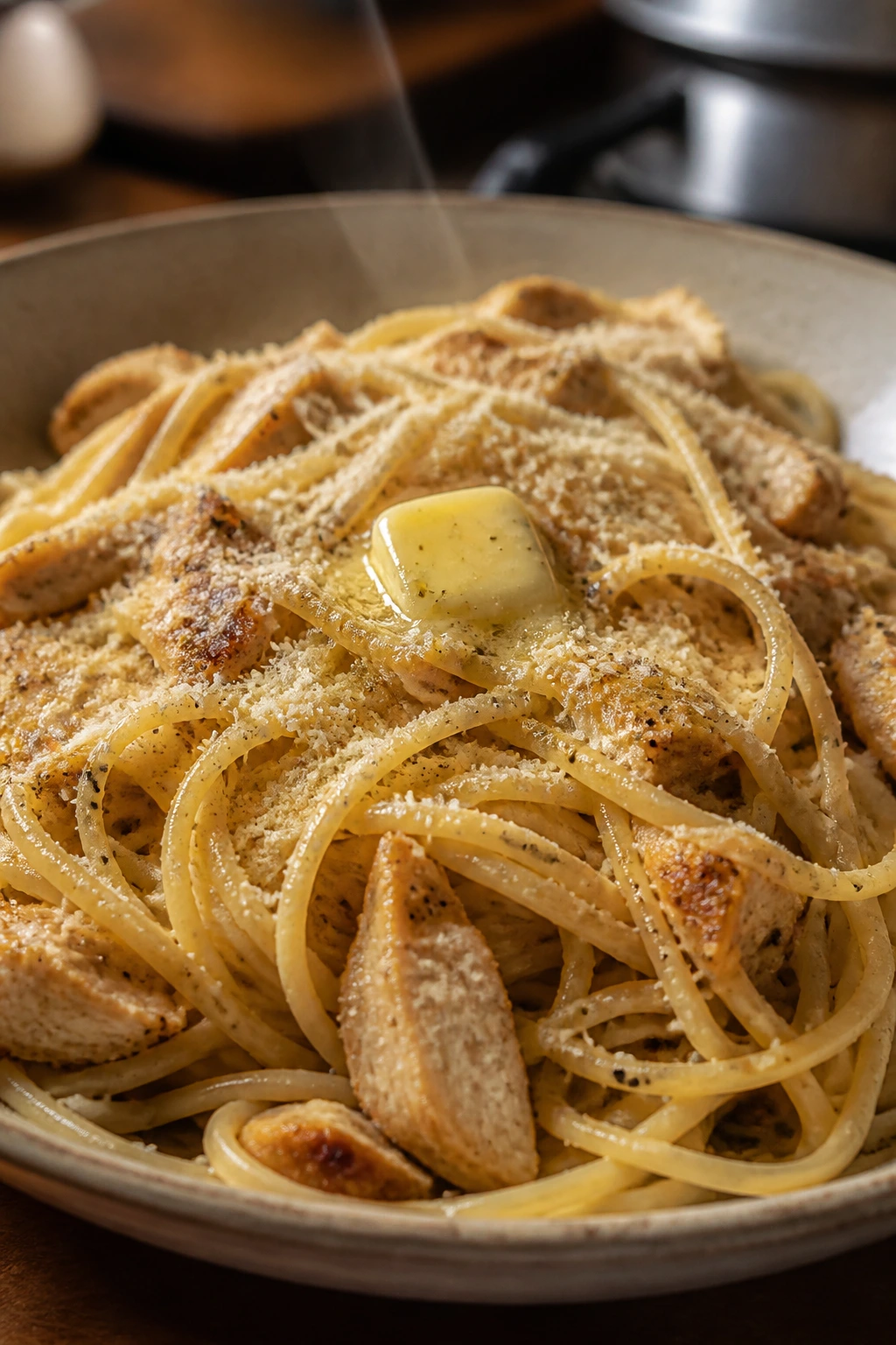 Plate of pasta with chicken, Parmesan, and butter finish