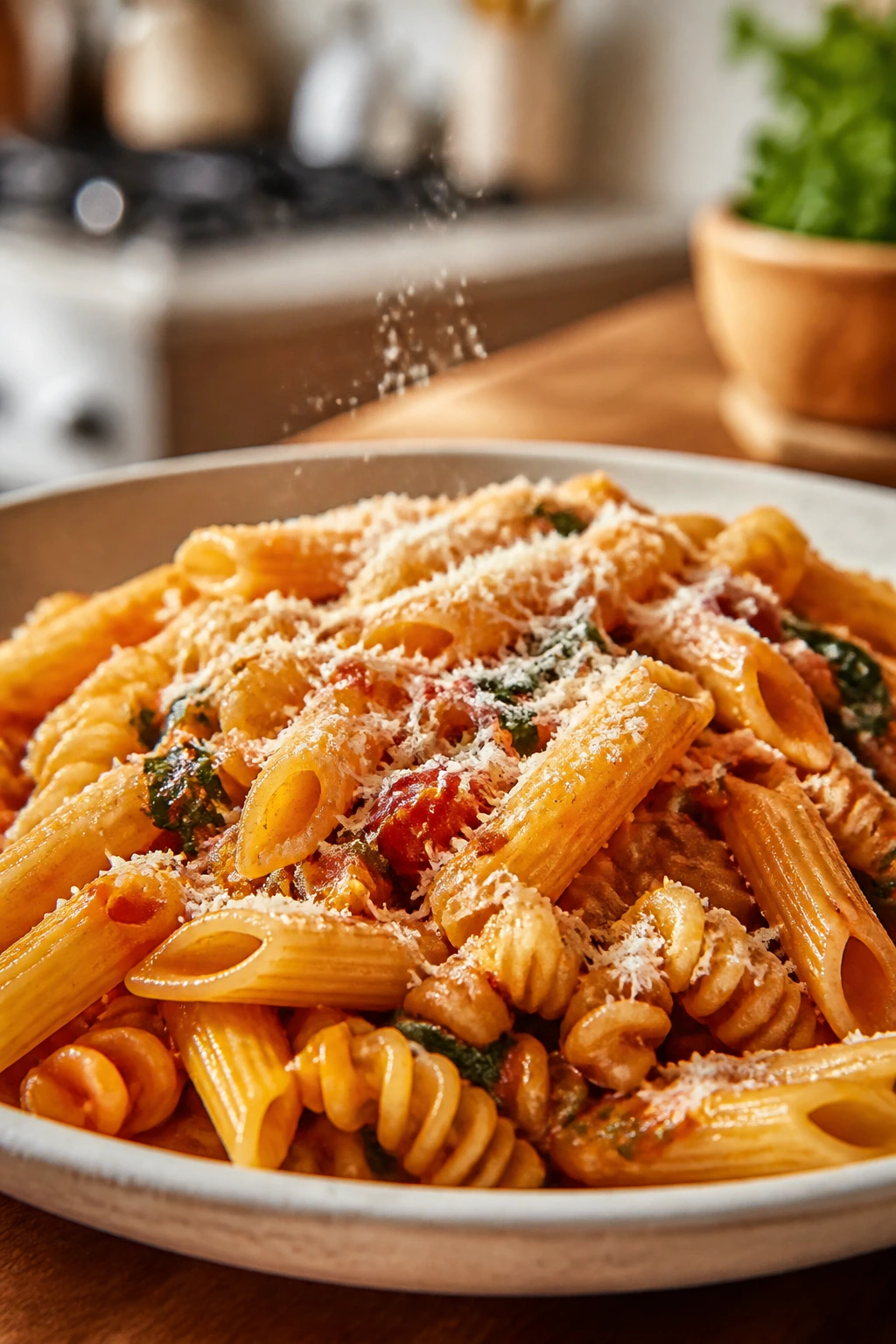 Plate of pasta with parmesan dusting in sharp focus
