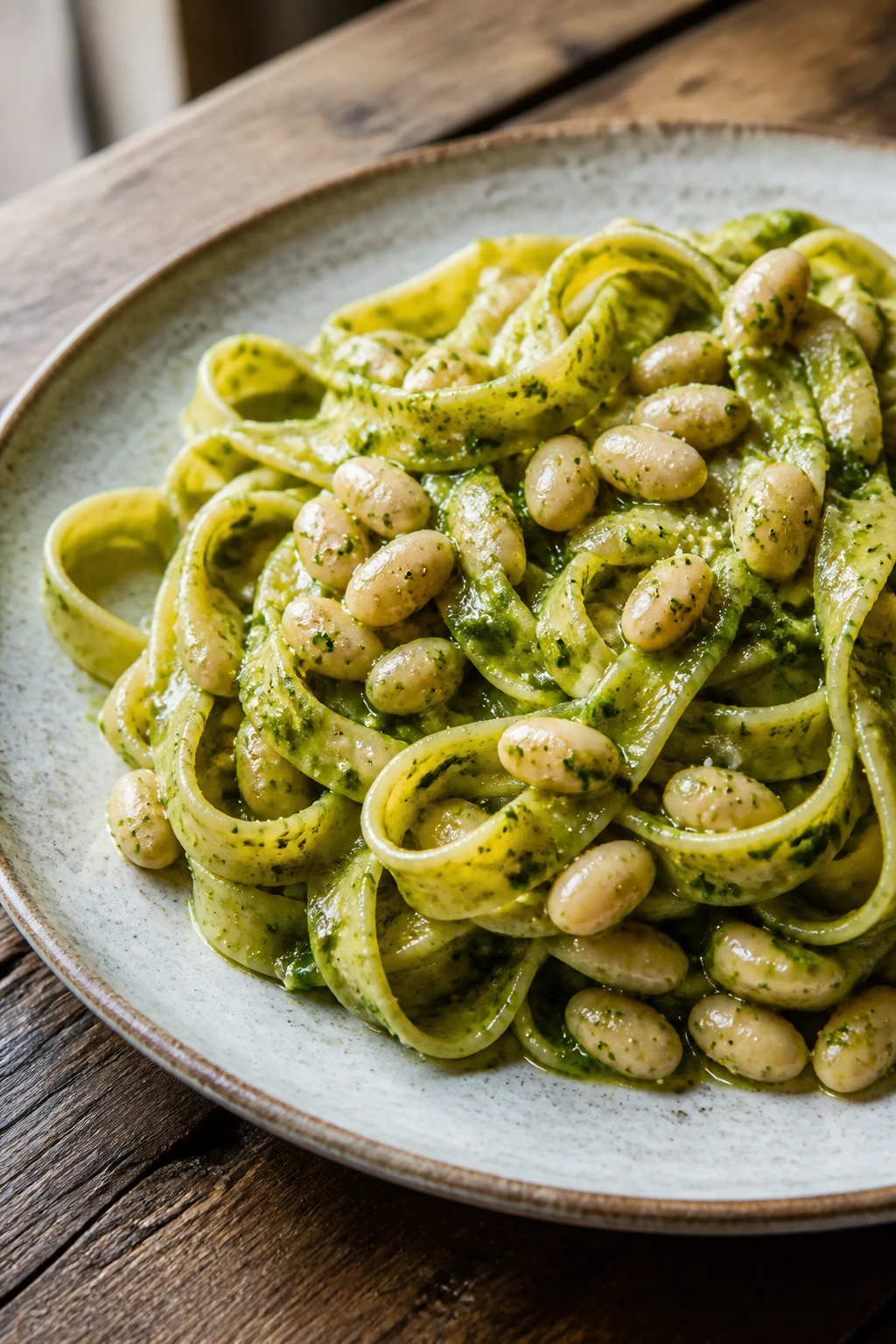 Close-up of white bean pesto pasta on rustic plate with green pesto