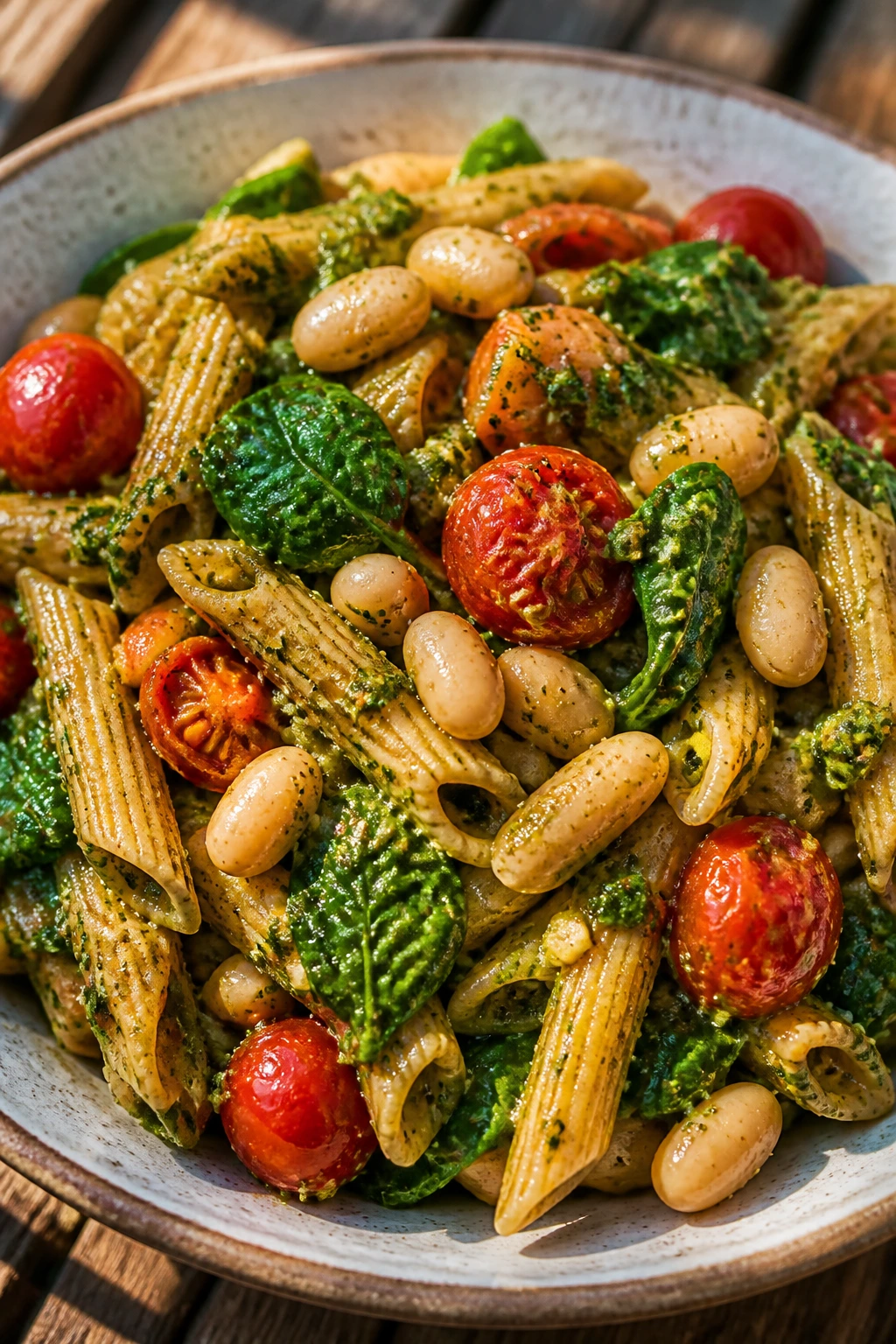 Close-up of cherry tomato pesto pasta with white beans on a rustic wooden table