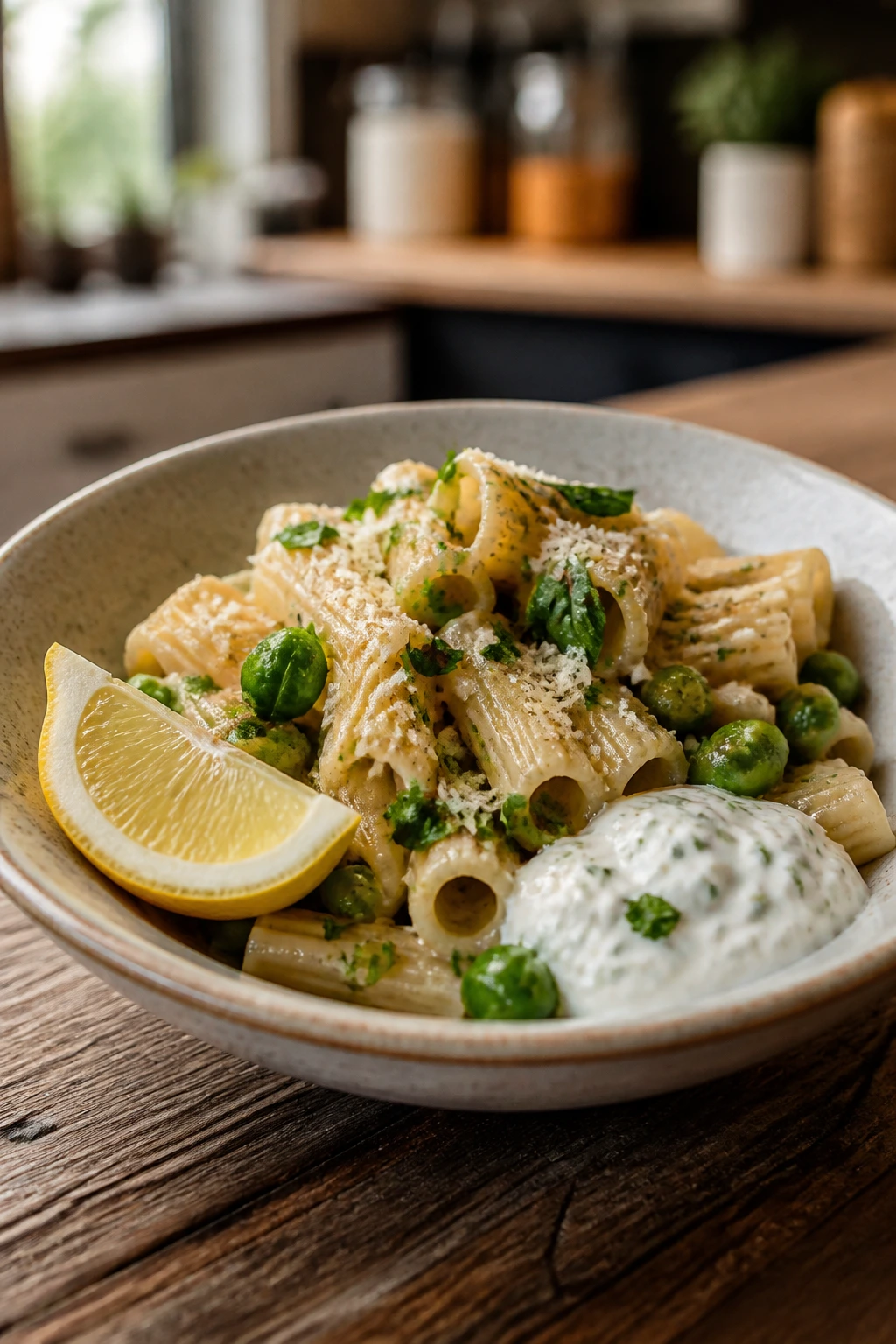Close-up of a kid-friendly pasta dish with herbs and a lemon wedge on a rustic plate