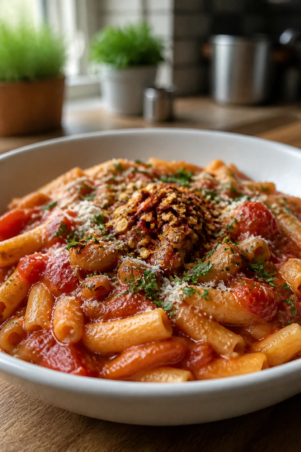 Close-up of saucy pasta in a shallow bowl with toppings centered.