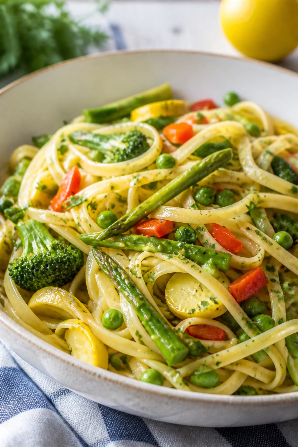 Close-up of pasta primavera with lemon butter and colorful vegetables