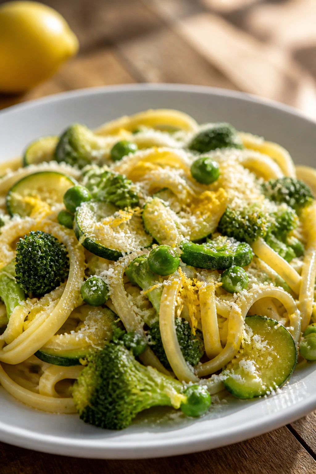 Close-up of Pasta Primavera with Lemon Butter on a rustic table