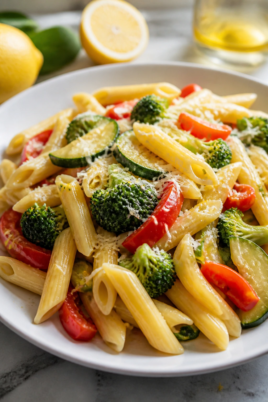 Close-up of pasta primavera with lemon butter and vegetables on plate.