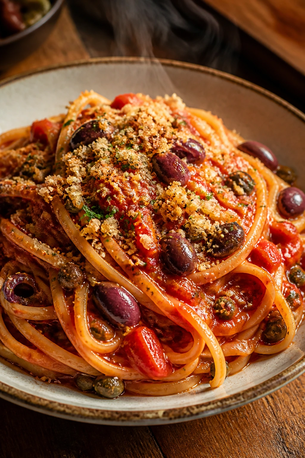 Close-up of pasta puttanesca with breadcrumbs on top in a rustic bowl
