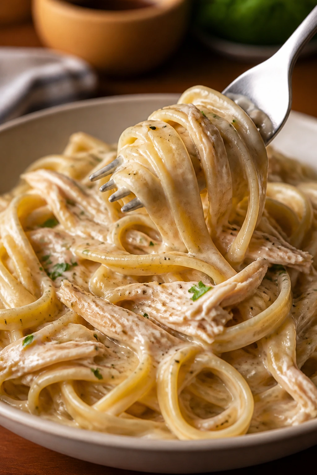 Pasta with creamy sauce and shredded chicken on a plate