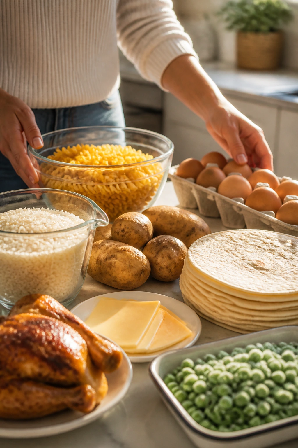 Close-up of a parent’s hands with a simple staple grocery haul on a kitchen counter: pasta, rice, tortillas, potatoes, eggs, cheese, chicken, and vegetables.