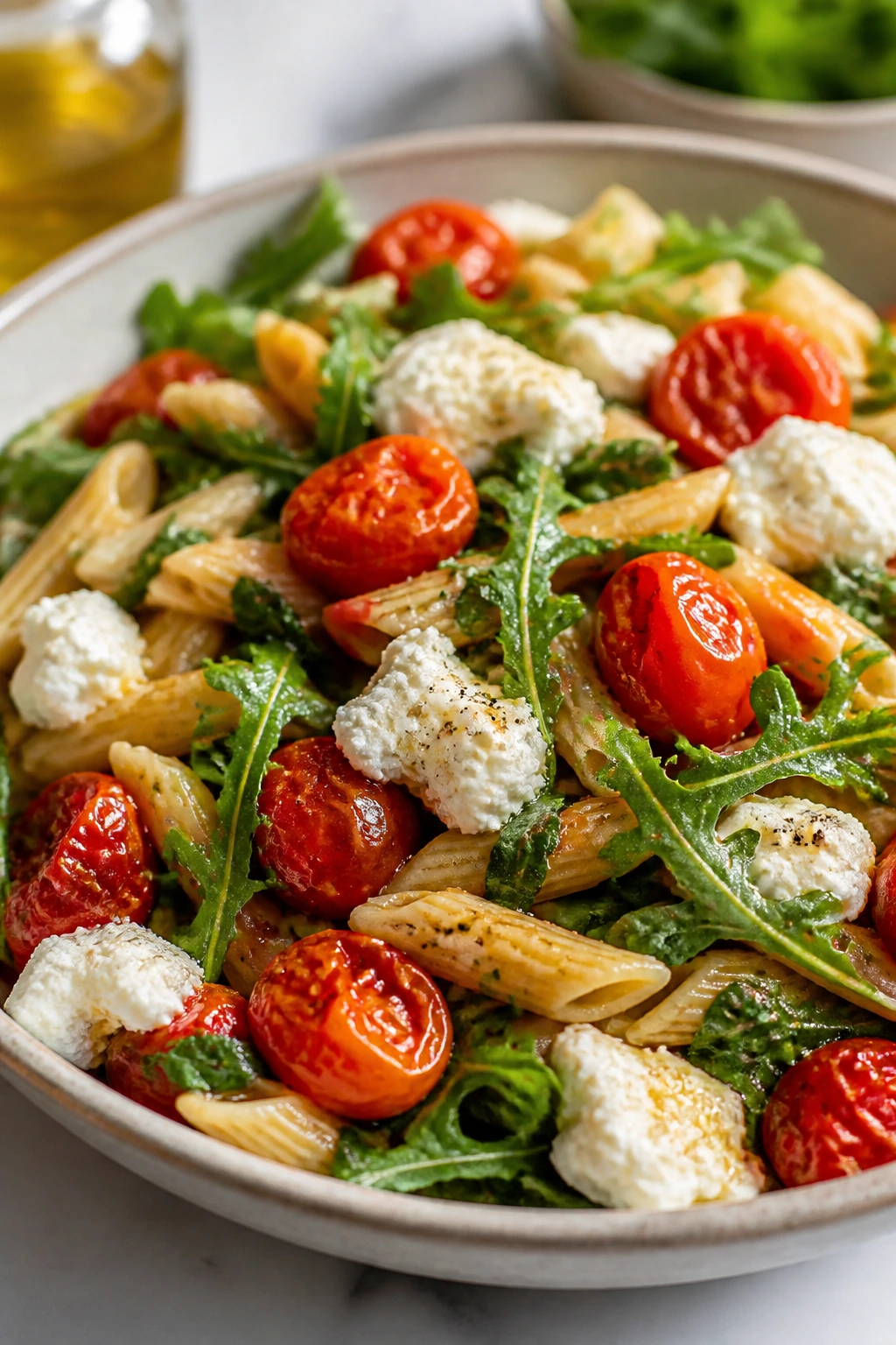 Fresh pasta with cherry tomatoes, ricotta, and arugula on a bright plate