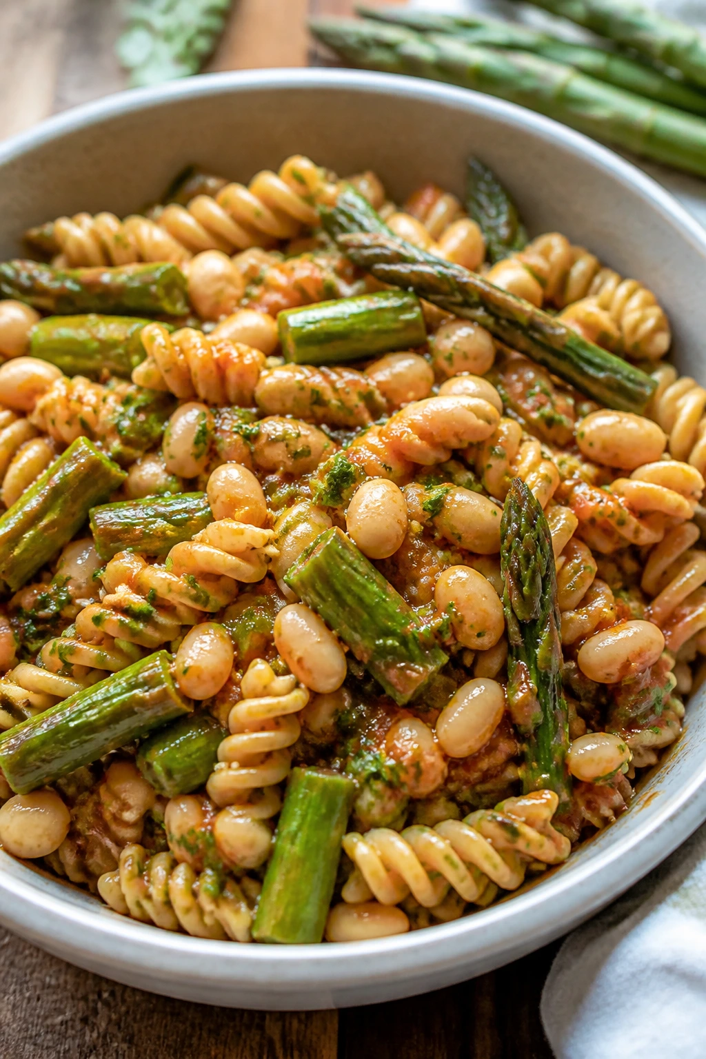 Close-up of asparagus white bean pasta salad with BBQ dressing