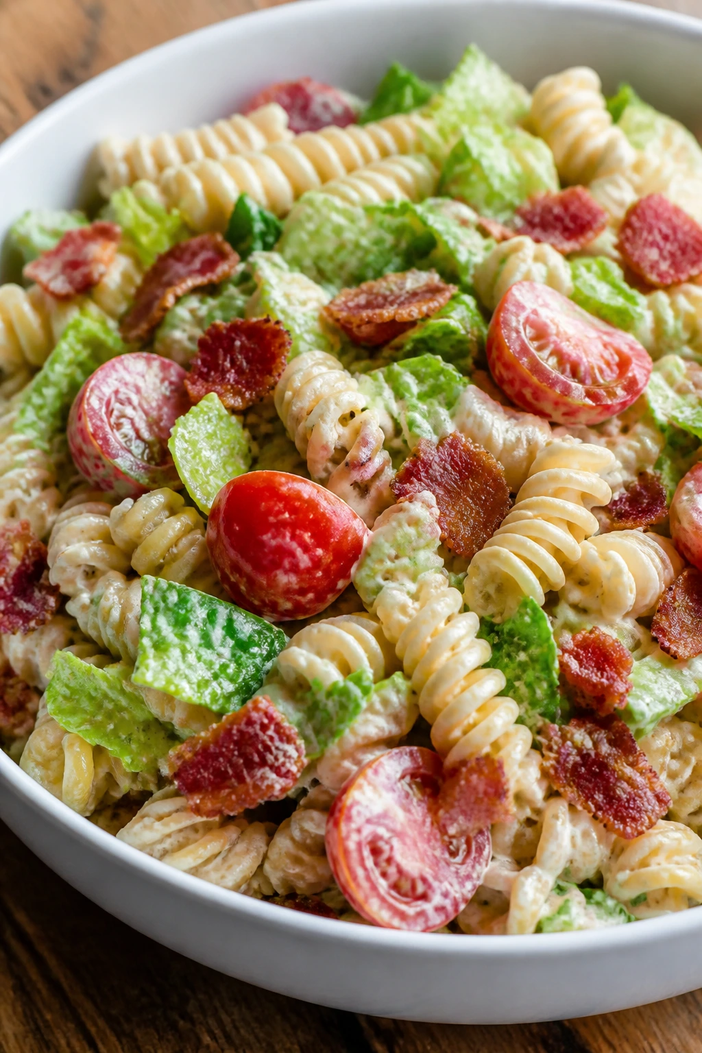 Close-up of BLT pasta salad with bacon tomatoes and romaine