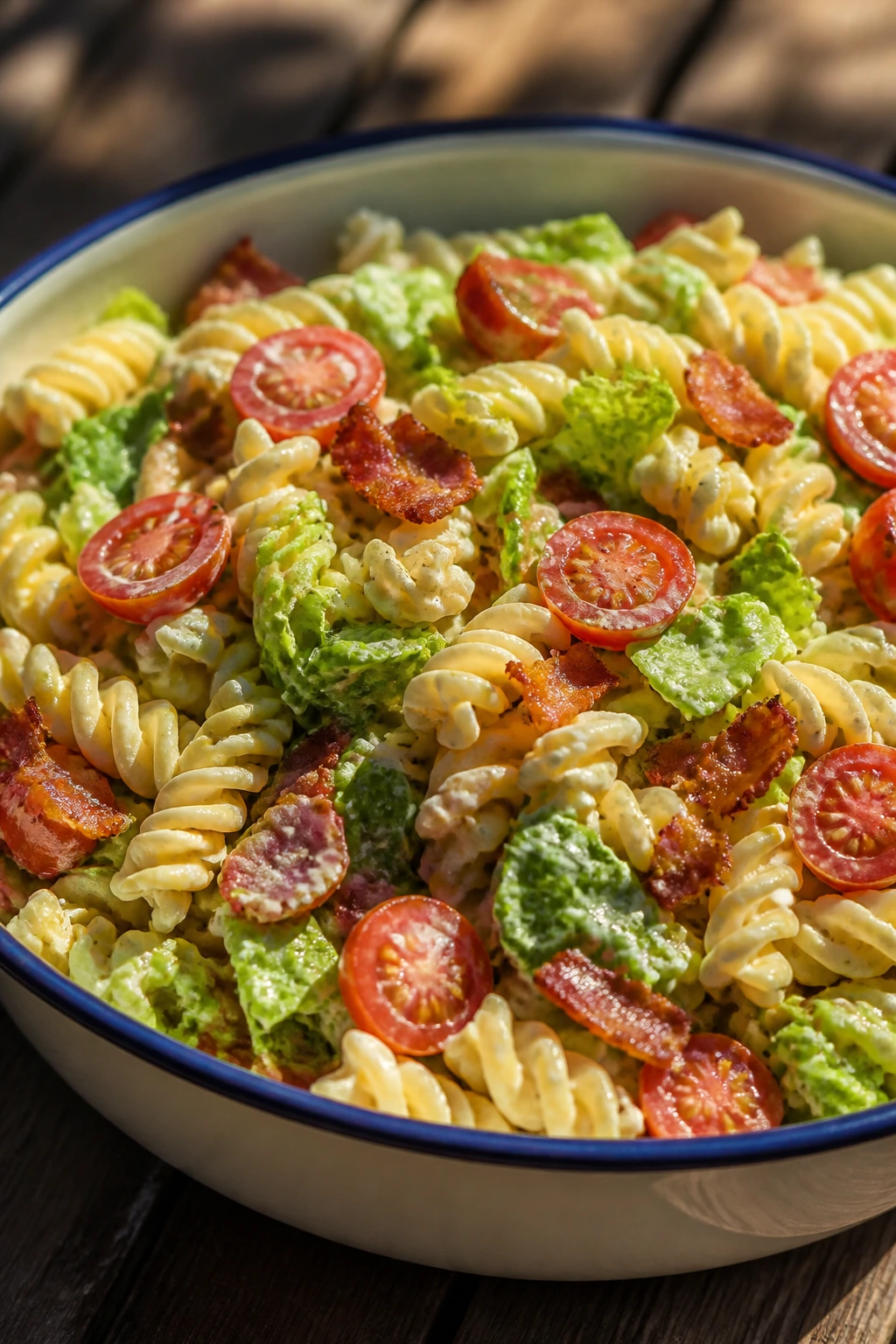 Pasta salad with bacon, tomatoes, and lettuce on a picnic table