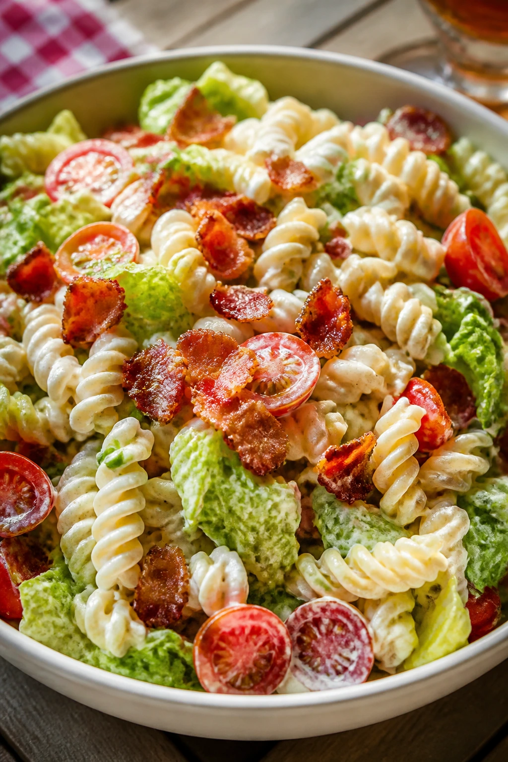 Close-up of BLT pasta salad with bacon, tomatoes, and lettuce on a sunny picnic table