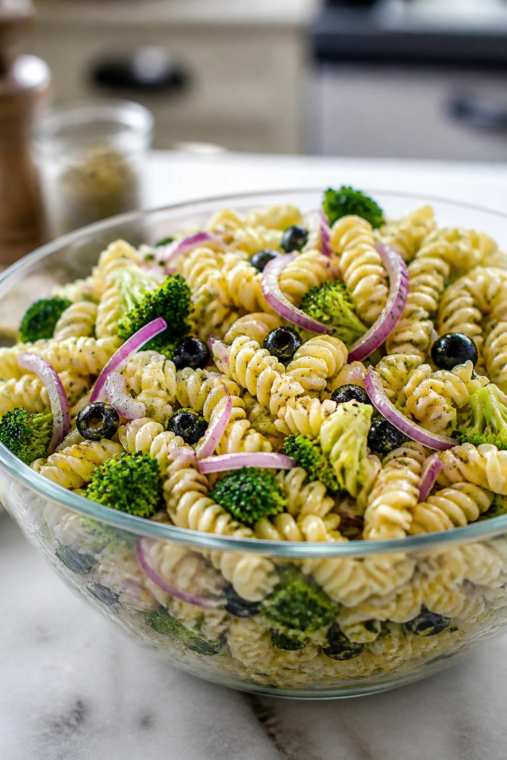 Bowl of pasta salad with broccoli and onion in Italian dressing