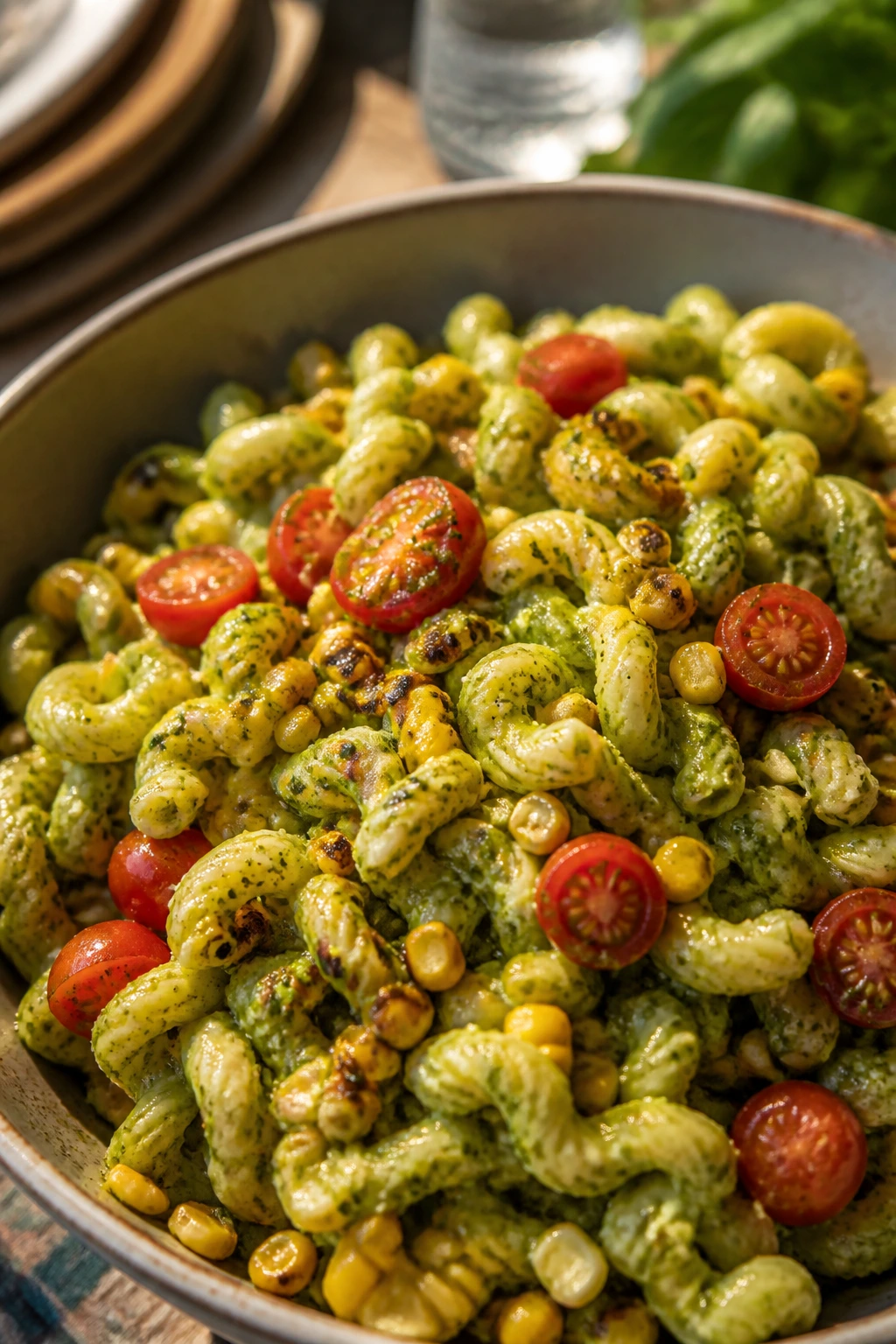 Pasta salad with charred corn, pesto and tomatoes in a bowl outdoors.