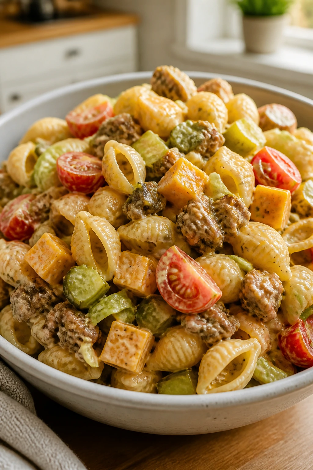 Close-up of cheeseburger pasta salad with pickles and tomatoes
