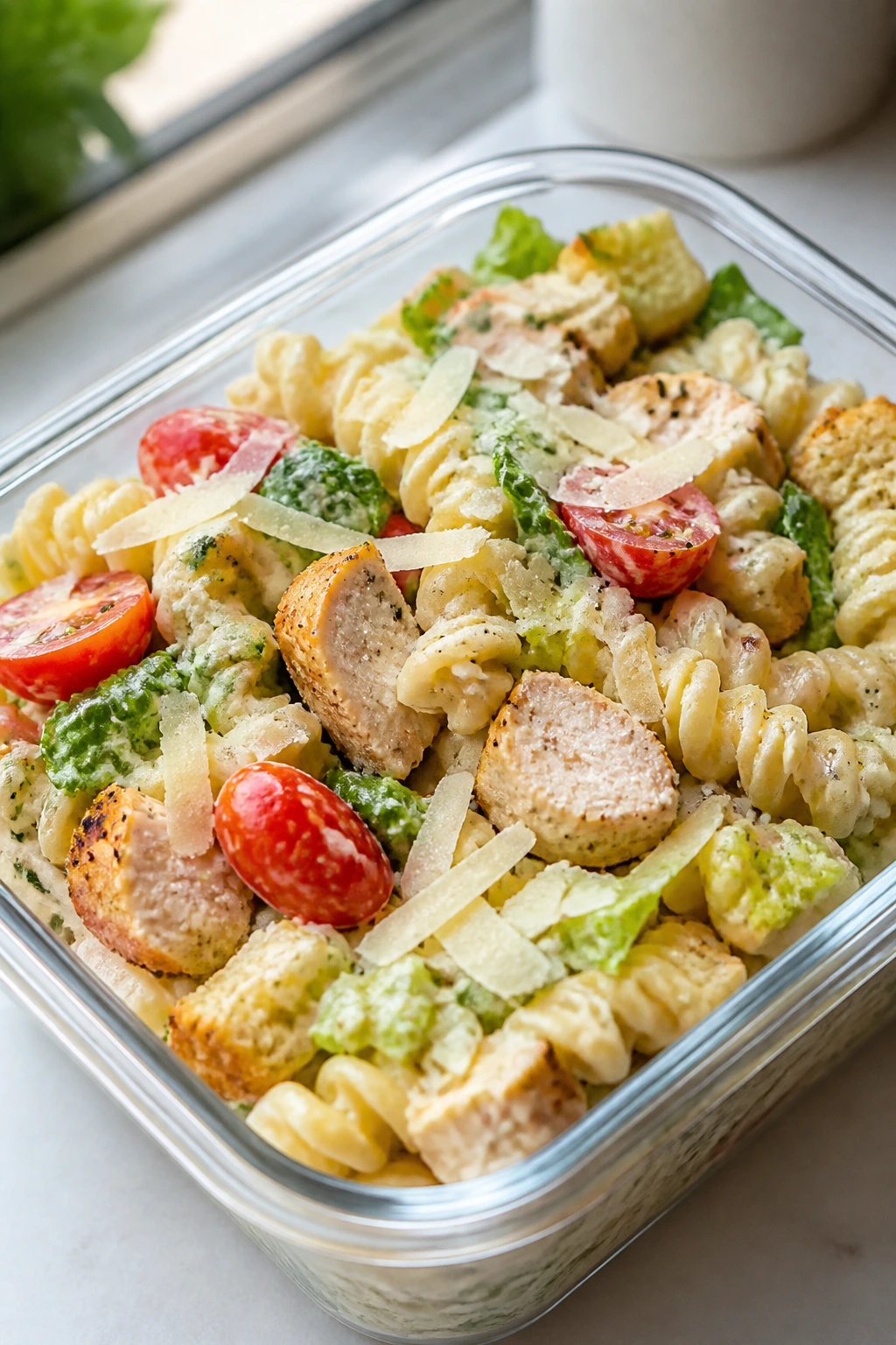 Close-up of chicken Caesar pasta salad in a container