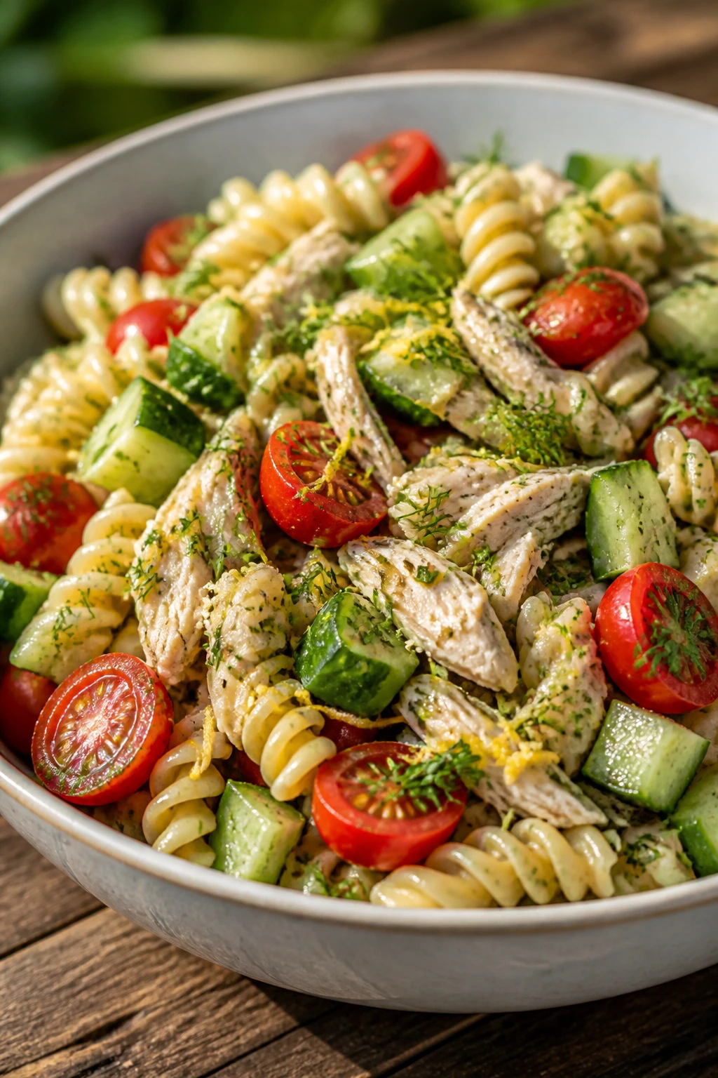 Close-up bowl of lemon-herb chicken pasta salad with pasta, chicken, tomatoes, cucumber, dill, and parsley outdoors