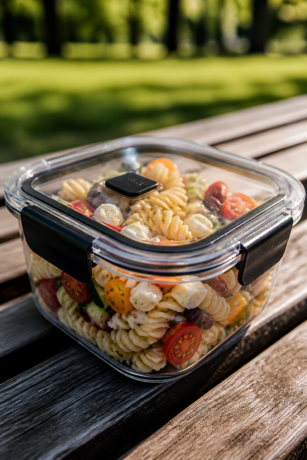 Portable heat-resistant container of pasta salad outdoors in sun