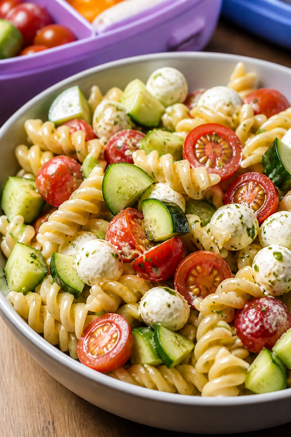 Close-up of cucumber mozzarella pasta salad in a bowl ready for lunchbox