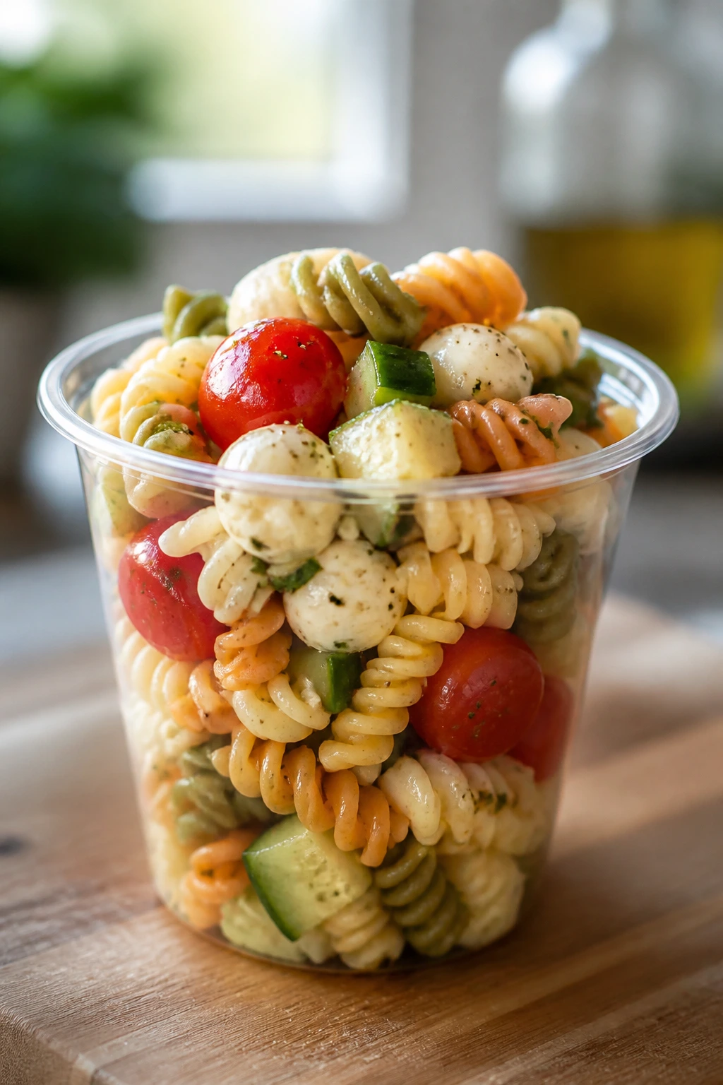 Close-up of a clear cup filled with colorful pasta salad