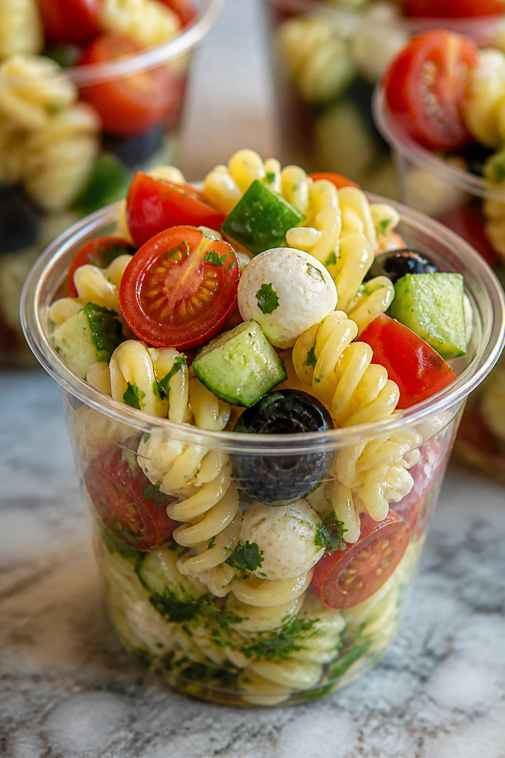 Close-up of a pasta salad snack cup with rotini, tomatoes, cucumber, mozzarella, olives on a kitchen counter