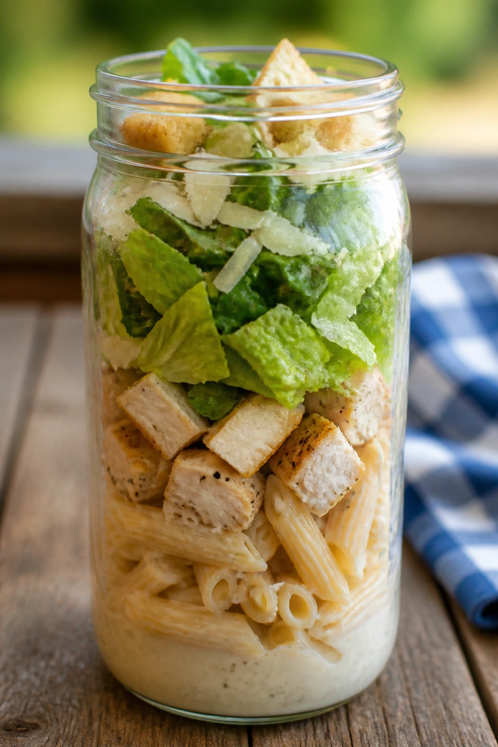 Mason jar with layered chicken Caesar pasta salad